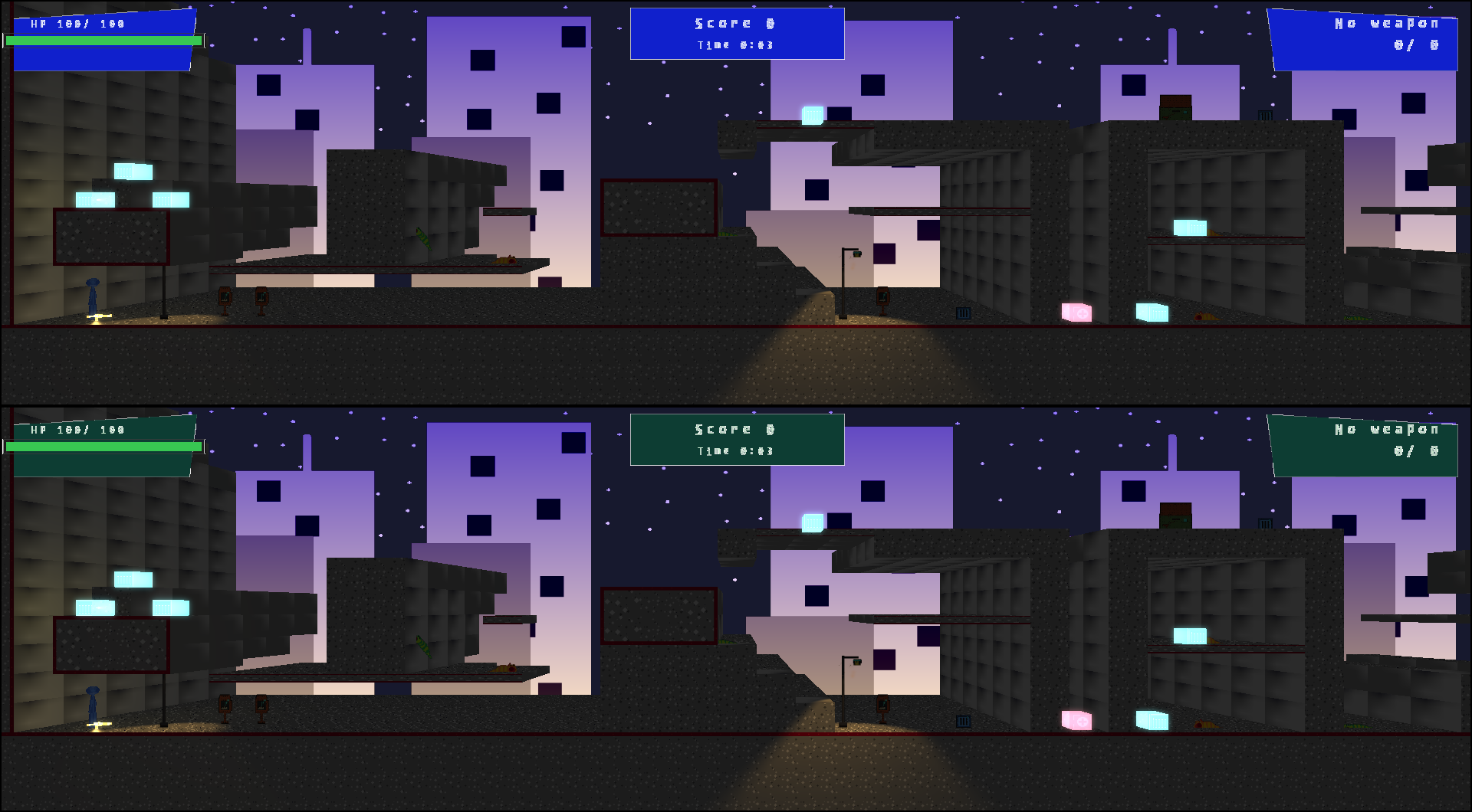 Two players on a city night street, each with a flashlight.