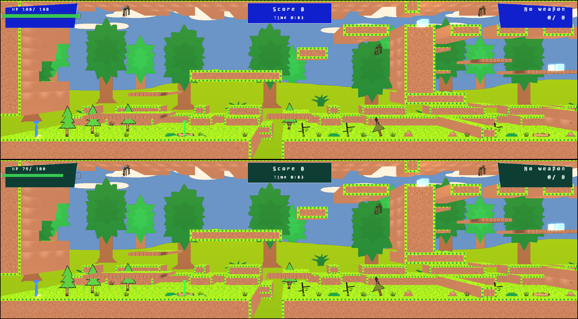 Two players, top and bottom, in the woods.