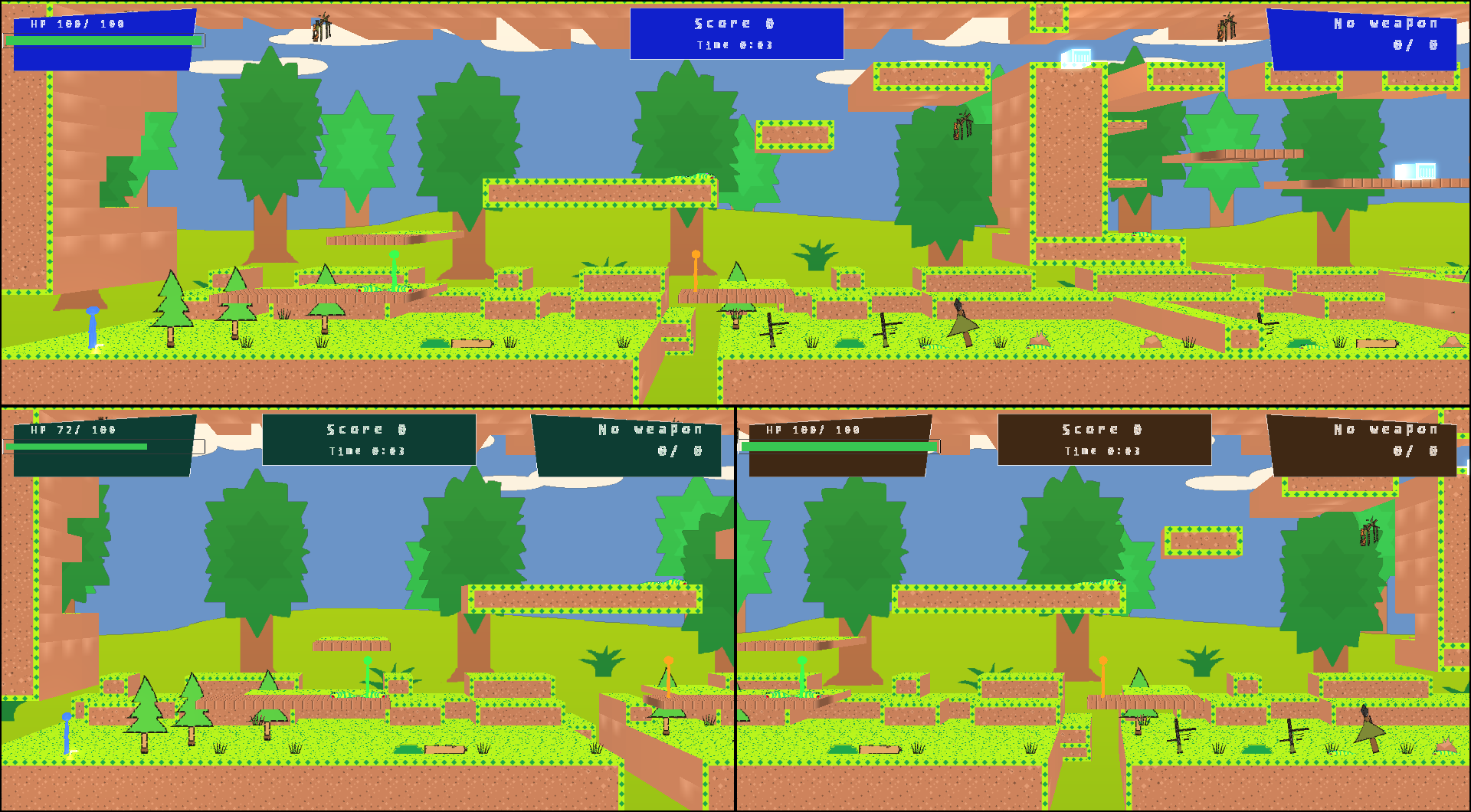 Three players sharing one screen in the woods.