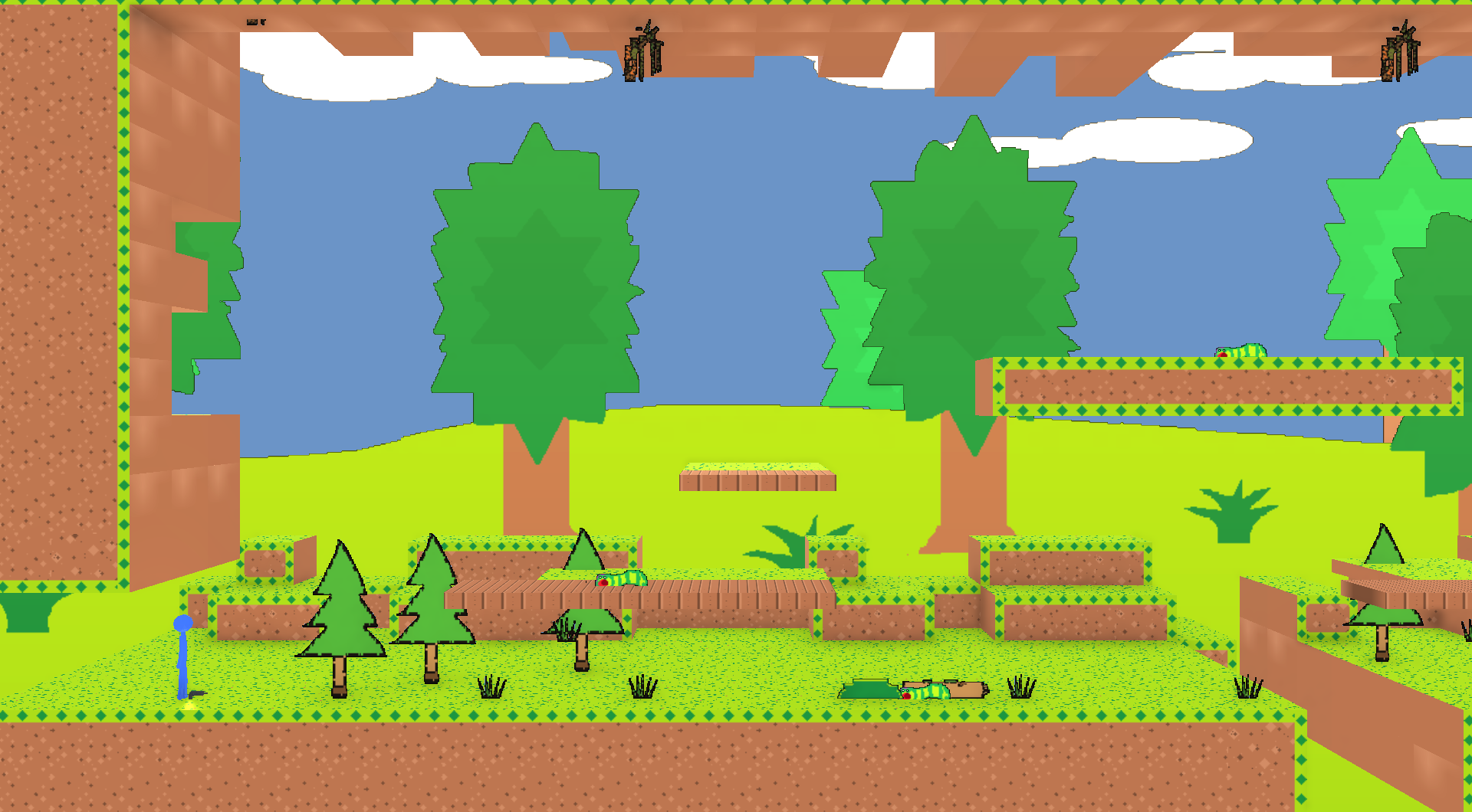 The woods: pines, lit ground, and Centroids on the ledges.