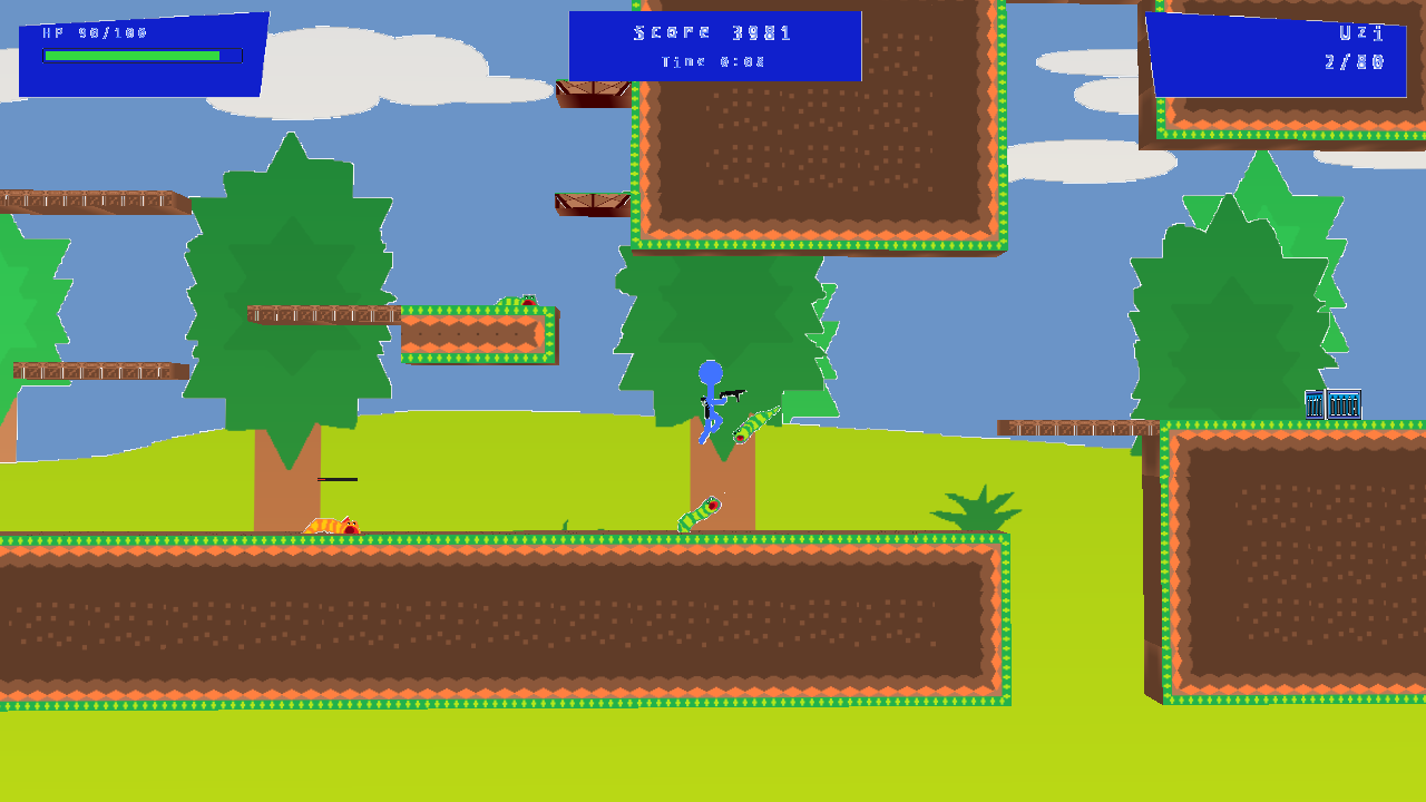 Centroid gameplay in the woods: a soldier mid-air, shooting a Centroid.